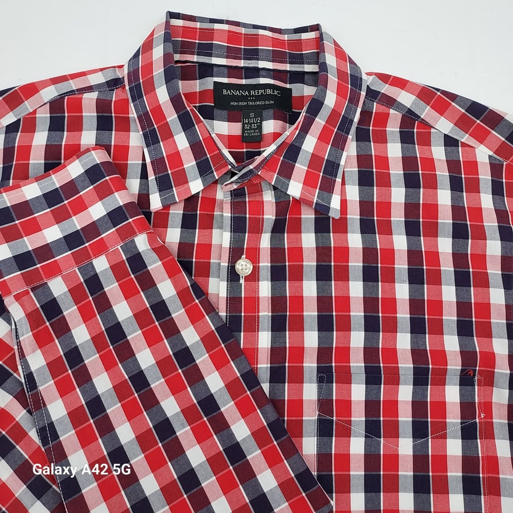 Banana Republic Mens Non-Iron Tailored Slim‎ Plaid Dress Shirt Red Navy White S